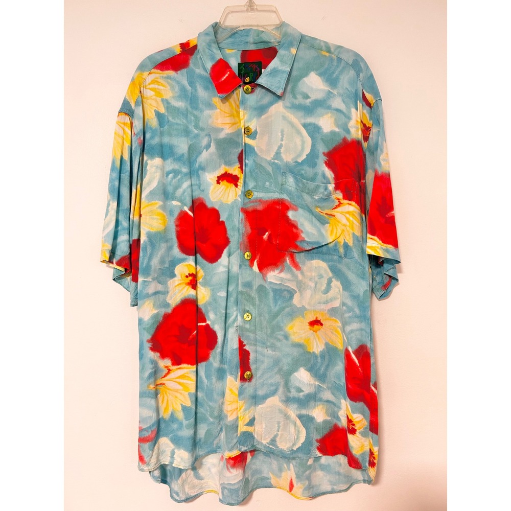 Jams World Vintage Tropical Floral Hibiscus Button Down Shirt Blue Red Large